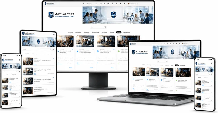AI TrustCERT training platform on a monitor, laptop, tablet and phone - a list of AI Literacy courses with progress